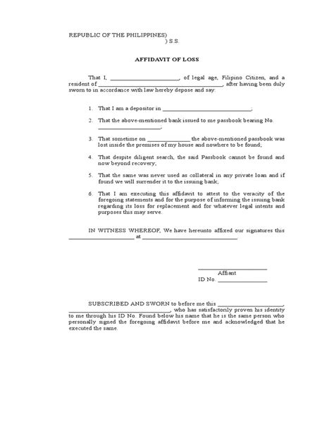 Affidavit Of Loss Sample Passbook