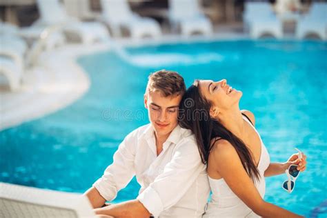 Cheerful Happy Couple Enjoying Spa Vacation In Luxurious Summer Resorthoneymoon Trip Stock