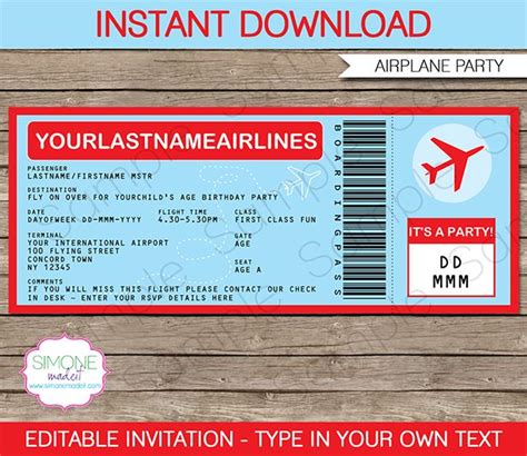 Airplane Ticket Invitations Template Boarding Pass Invitation Template Airplane Party