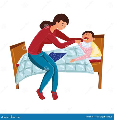Mom Gives A Spoonful Of Medicine To A Sick Child 平面卡通风格的矢量插图 向量例证 插画