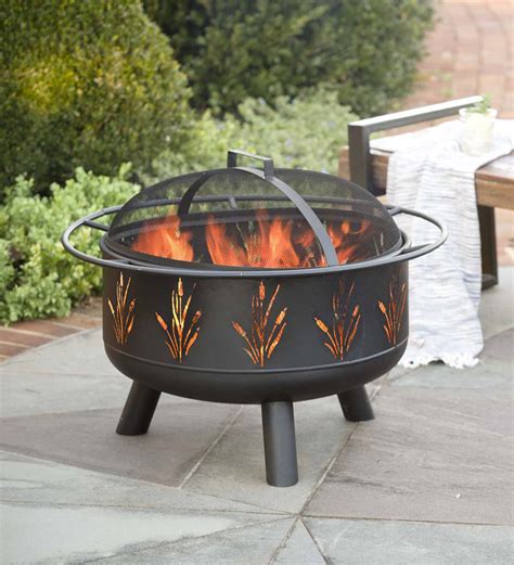 Yaheetech hexagon fire pit fireplace portable firepit iron brazier wood burning coal pit hex shaped fire bowl stove with spark screen cover for outdoor outside camping patio garden backyard 24in black. Wood-Burning Fire Pit with Cattail Cutout Design | PlowHearth