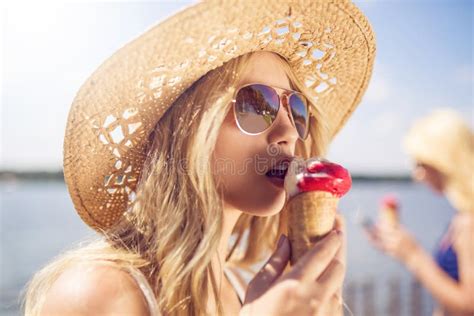 Sensual Girl Eating Ice Cream Stock Image Image Of Bespectacled