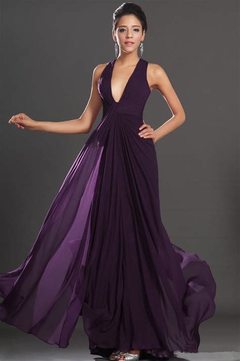 2015 Sexy Deep V Neck Long Chiffon Bridesmaid Dresses Dark Purple