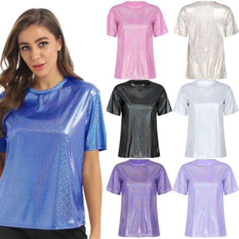 Women Metallic Holographic Shiny Shimmer Sparkle T Shirt Blouse Glitter