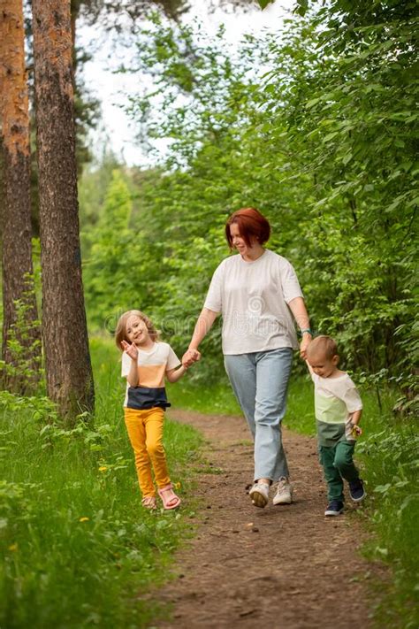 Mom Walks With Two Children In The Summer In The Forest Stock Image