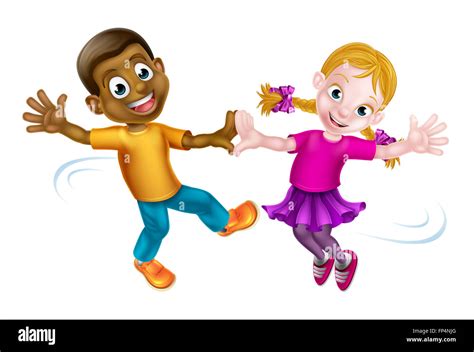 Two Cartoon Children A Black Boy And A White Girl Dancing Stock Photo
