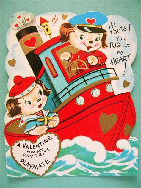 Xl Unused Vintage Valentines Day Card Anthropomorphic Dogs On Tug Boat