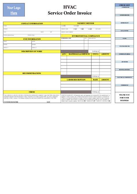Leave room for a description of incomplete work, if. Fillable Hvac Service Order Invoice Template printable pdf download
