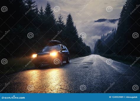 Car With Headlights On At Night Road Stock Image Image Of Dangerous