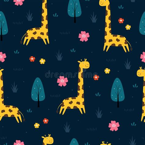 Giraffe And Tree Seamless Pattern With Natural Background And Cute