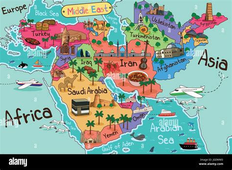 A Vector Illustration Of Middle East Countries Map In Cartoon Style