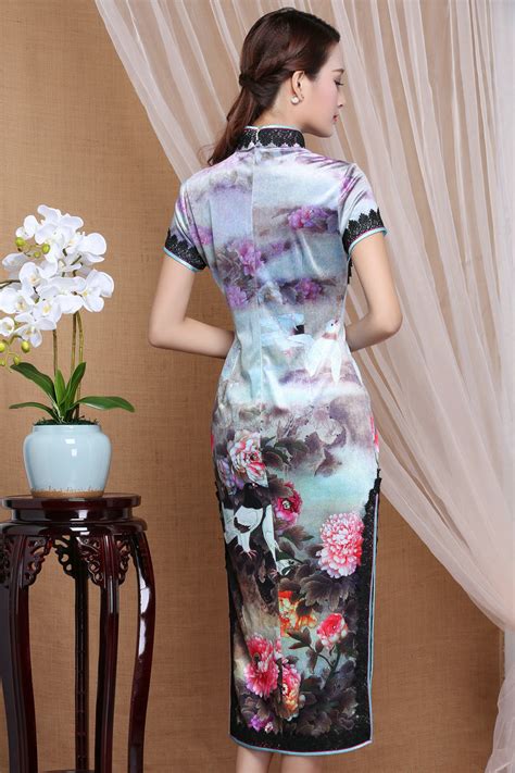 Wonderful Floral Garden Print Velvet Qipao Cheongsam Dress Qipao