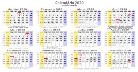 Calendário 2020 Com Feriados Nacionais Fases Da Lua E Datas Comemorativas Brasil