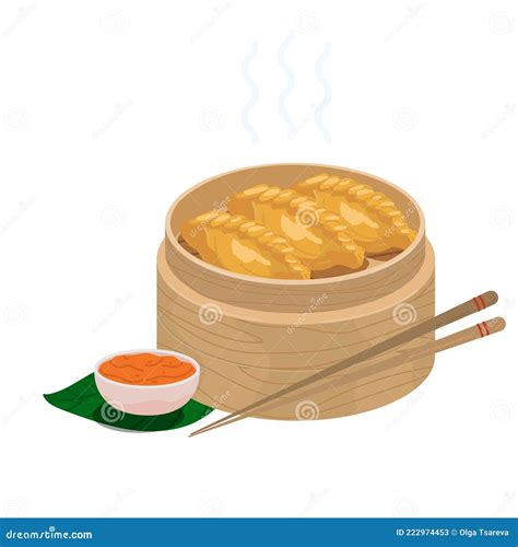 Fried Momo Dumplings In Wooden Steamer Basket Vector Illustration Of