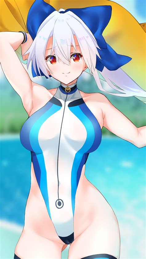 Safebooru 1girl Absurdres Adapted Costume Arms Up Beach Blue Bow Blue