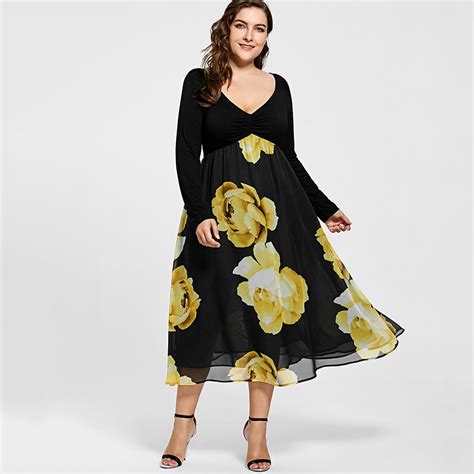 Wipalo Fashion Plus Size Floral Print Empire Waist Midi Dress Women