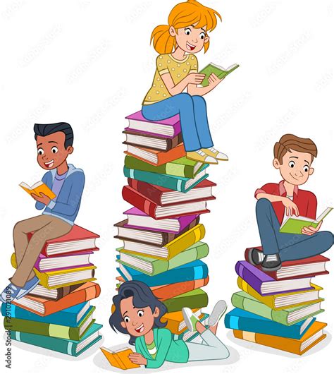 Cartoon Teenagers Reading Books Students Over Piles Of Books Stock