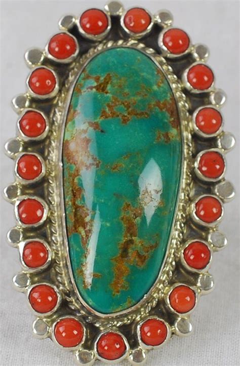 Sterling Silver Turquoise And Coral Ring By Mike Evelyn Platero