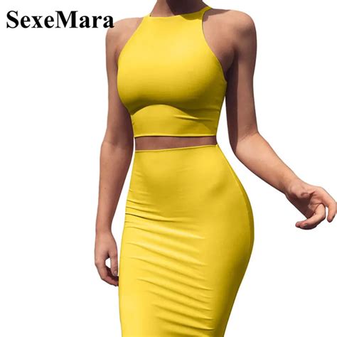 Anjamanor Crop Top And Skirt Two Pieces Dress Set Yellow Club Summer Outfit Sexy Clothes For