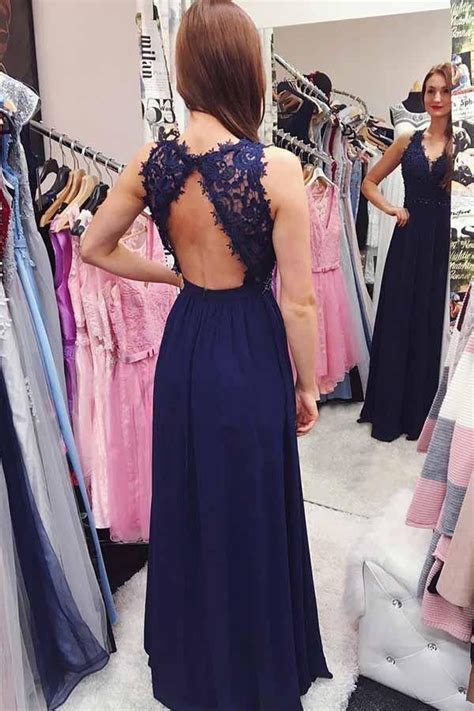 Open Back V Neck Navy Blue Lace Beaded Long Prom Dresses Formal Dress