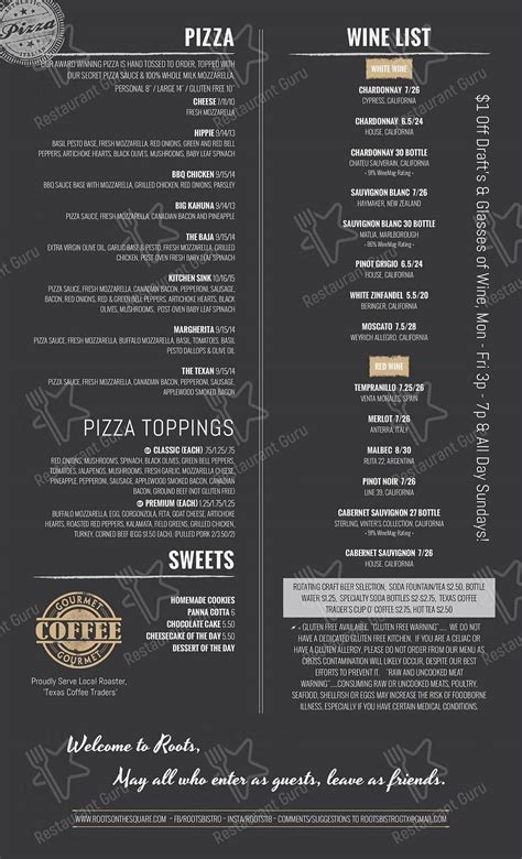 Menu at Roots pizzeria, Georgetown