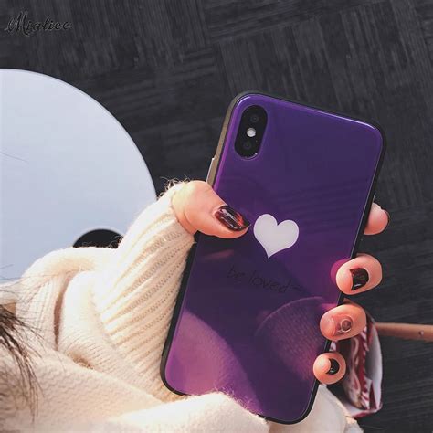 Purple Tempered Glass White Heart Love Phone Case For Iphone X 6 6s 6s