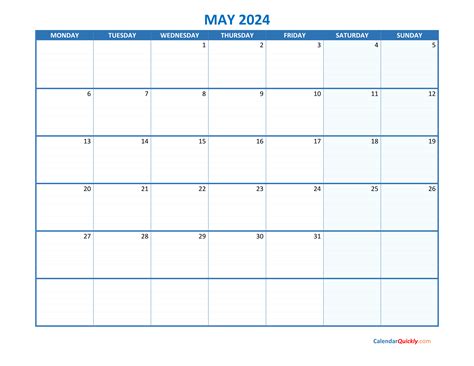 May Monday 2024 Blank Calendar | Calendar Quickly