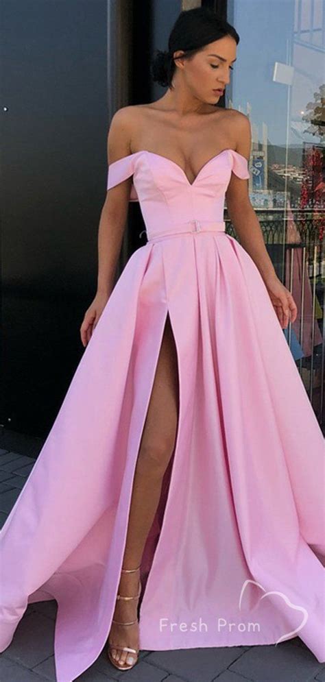 A Line Off The Shoulder Split Side Pink Cheap Long Prom Dressesfppd485