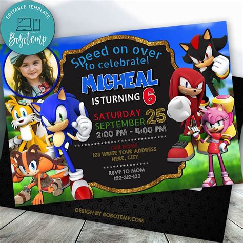 Invitación De Cumpleaños De Sonic The Hedgehog Editable Con Foto Diy