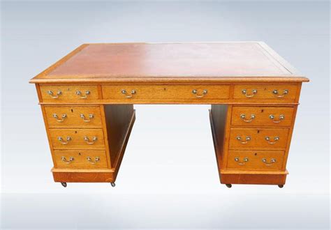 Large Ft Victorian Oak Partner Pedestal Writing Desk Leather Top