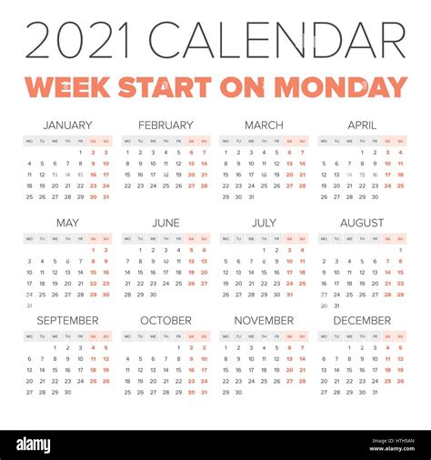 Simple 2021 Year Calendar Week Starts On Monday Stock Vector Image
