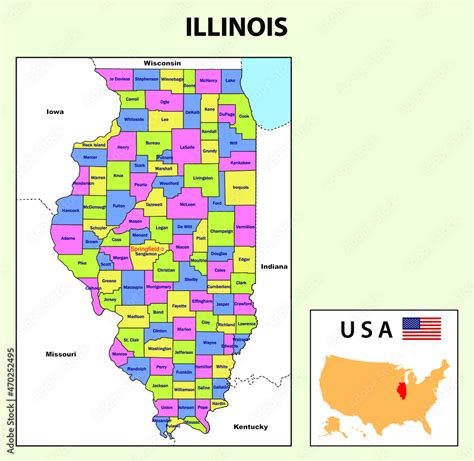 Illinois Map Political Map Of Illinois With Boundaries Stock Vector