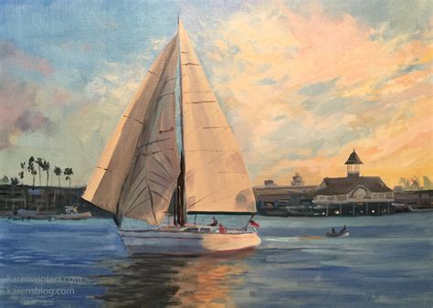 Newport Beach Sailboat Sunset Seascape Oil Painting Karen Winters