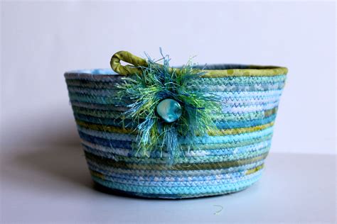 Coiled Rope Basket Aqua Blue Green Clothesline Bowl Beach Glass