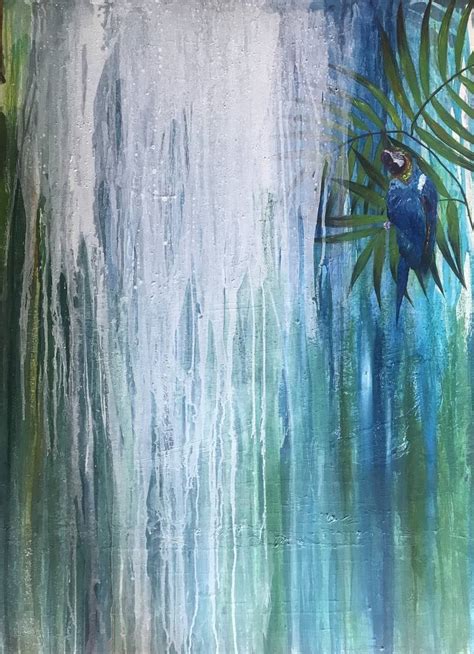 Large Waterfall Jungle Forest Parrot Painting By Henrieta Angel