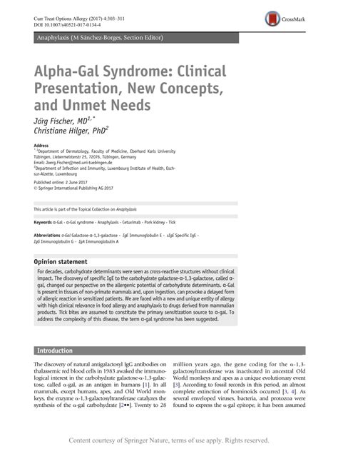 Alpha Gal Syndrome Clinical Presentation New Concepts And Unmet