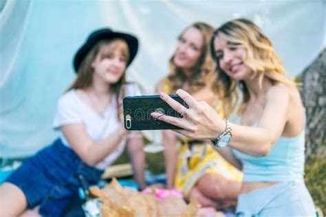 Group Of Girls Friends Take Selfie Photo Stock Image Image Of Picnic