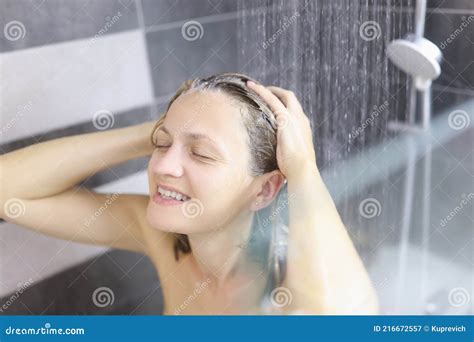 Young Smiling Woman Taking Shower In Bathroom Stock Image Image Of Head Healthcare 216672557