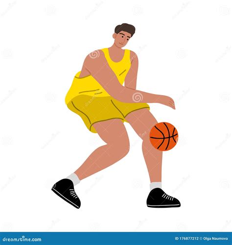 Male Basketball Player In A Yellow T Shirt Dribbling The Ball By Hand