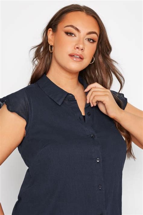 Plus Size Navy Blue Button Through Dipped Hem Shirt Yours Clothing