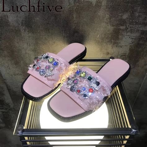 flat summer slippers women colorful rhinestone slides bling bling crystal sandals outdoor tear