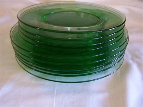 10 Green Depression Glass Plates Fostoria Pioneer Pattern Etsy