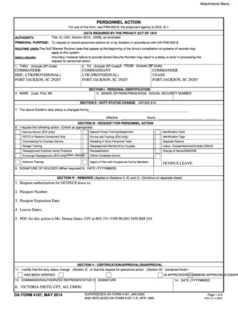 Blank Fillable Da Form 4187 Printable Forms Free Online