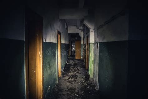 Walkway In Creepy Abandoned Building Dark Scary Corridor With Many Doors Horror Background