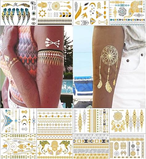 metallic temporary transfer tattoos for women teens girls 12 sheets gold silver temporary