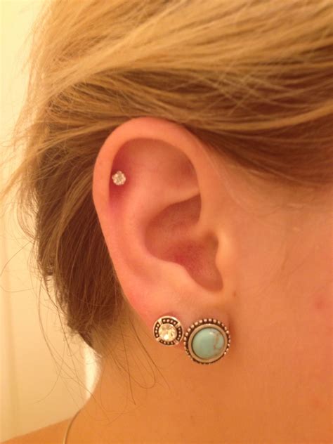 Cartilage Piercing With Diamond And Turquoise Earrings