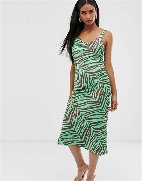 Asos Design Scoop Neck Midi Satin Slip Dress In Zebra Print Asos