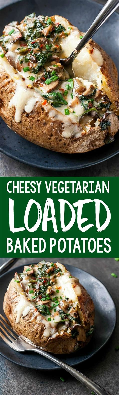 These Cheesy Vegetarian Loaded Baked Potatoes With Spinach And Mushrooms Are Packed To The Brim