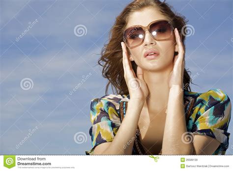Beautiful Girl In Sunglasses On Blue Sky Stock Image Image Of Face Bright 26589139