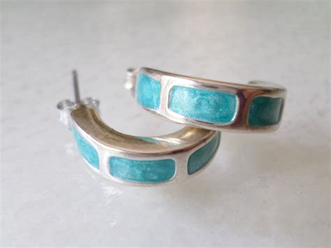 Vintage Sterling Silver And Inlay Turquoise Enamel Hoop Earrings By